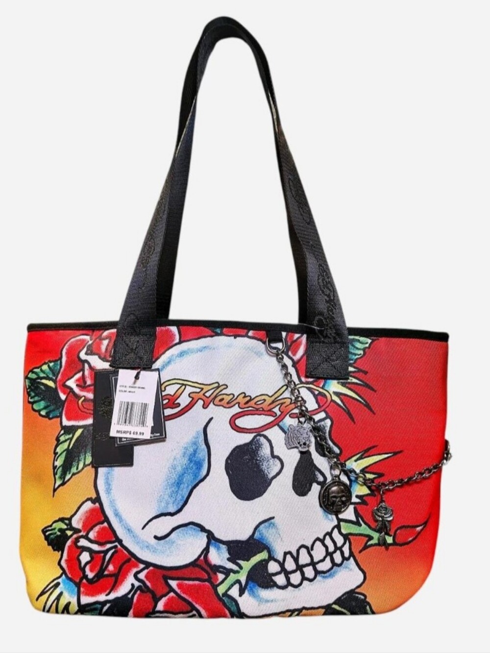Ed Hardy Red Orange Skull & Rose Tote with Black Straps